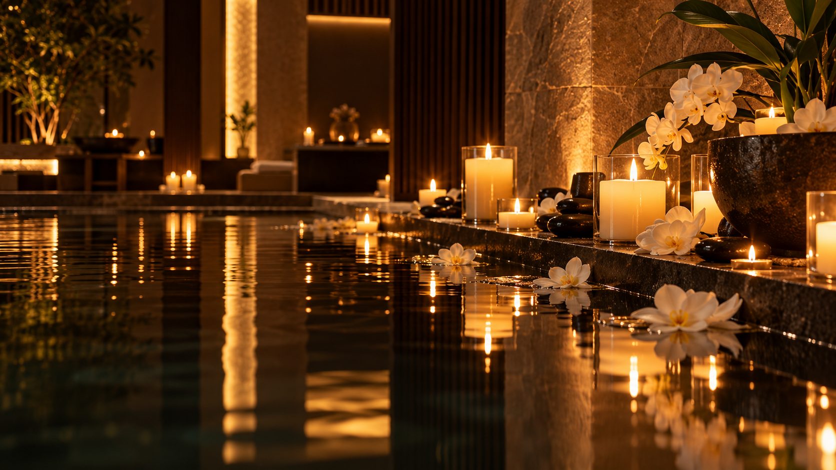 Candles and floating flowers beside a still reflecting pool