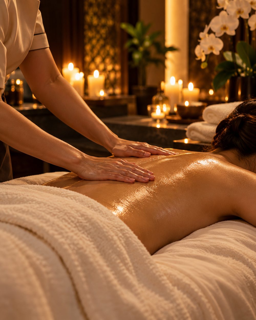 Therapist applying warm oil to a client's back during a Swedish massage