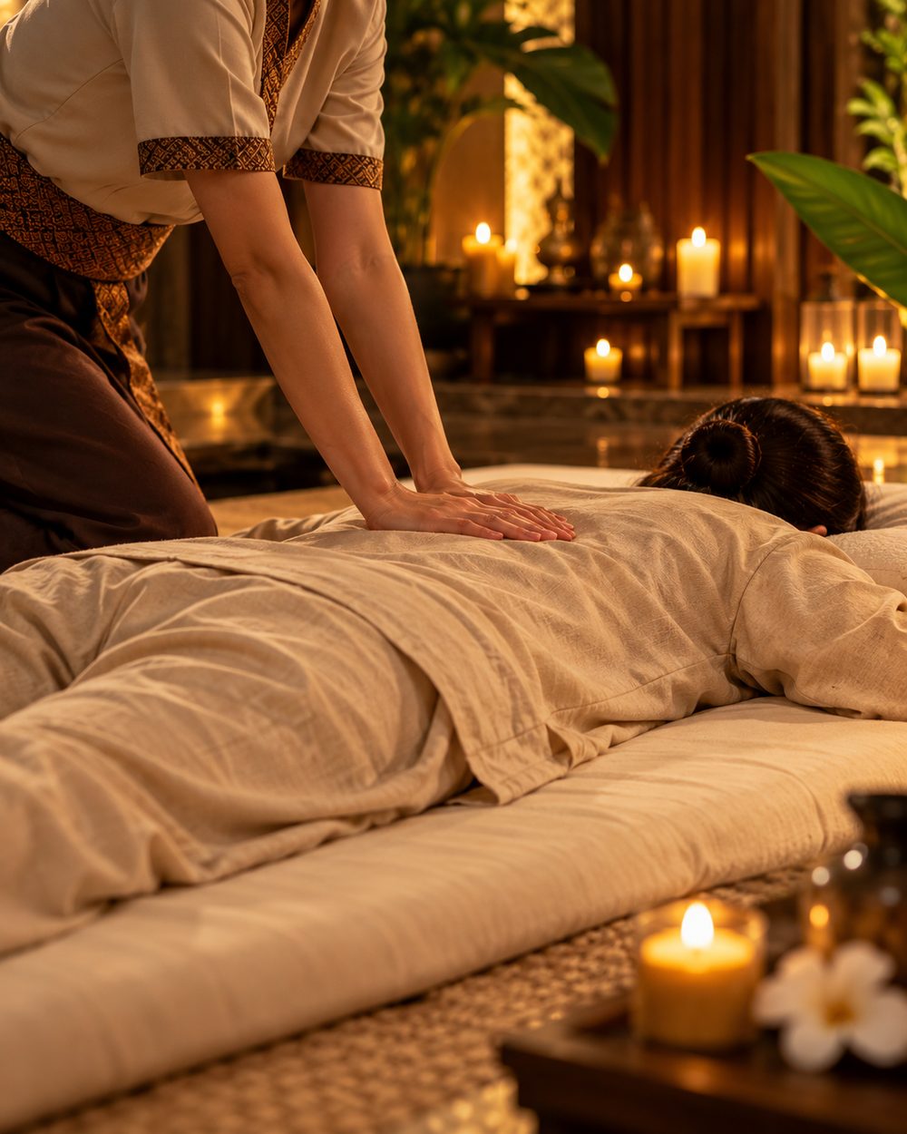 Therapist applying palm pressure to a fully clothed client on a floor mattress